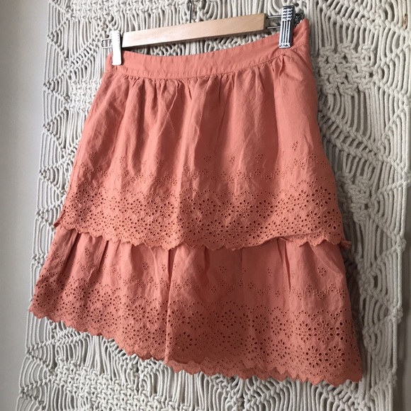 J. Crew Eyelet Tiered Ruffled Mini Skirt in Clay Pink | Size 0 - Picture 2 of 5